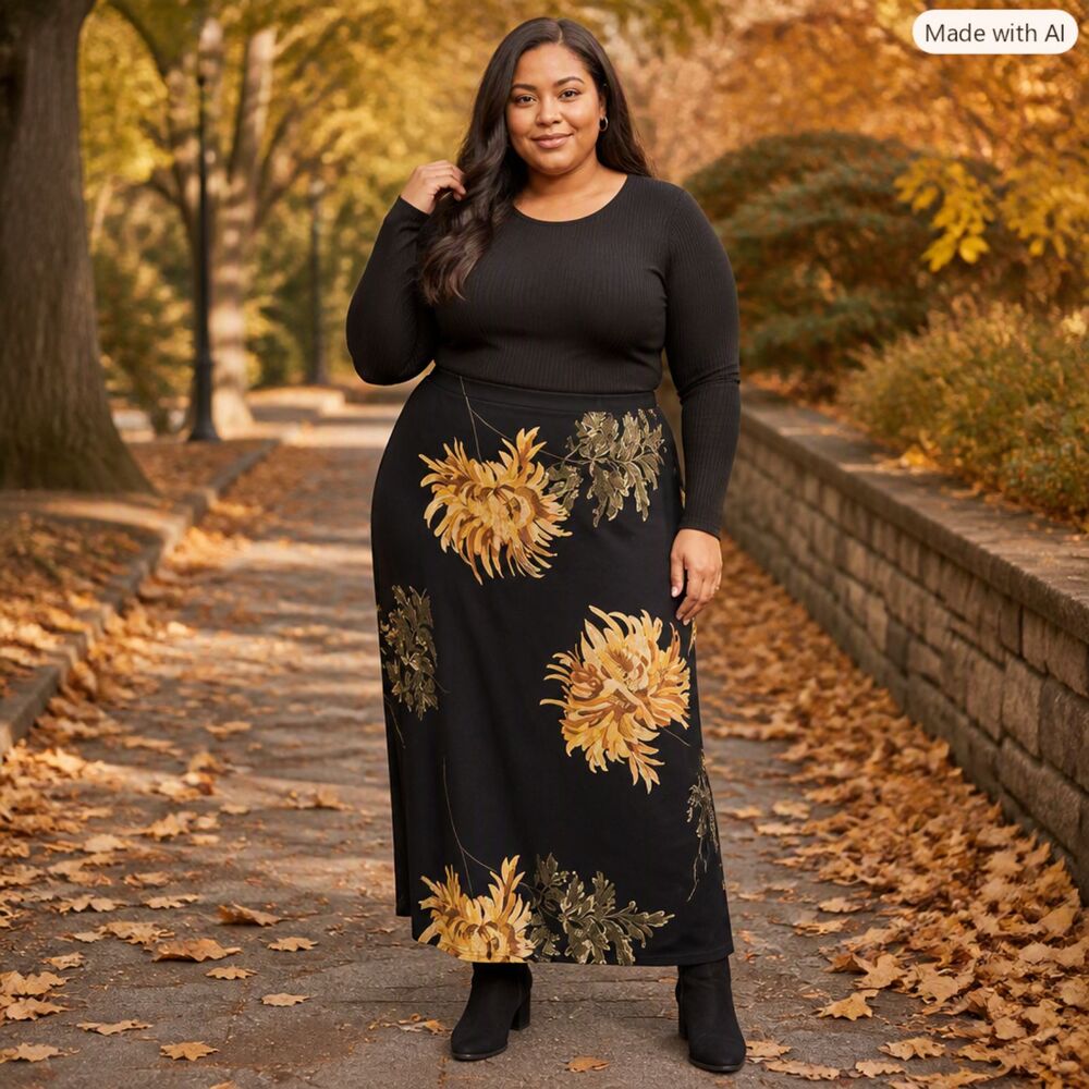 AGB Women’s Large Black Maxi Skirt Gold Floral Print NWT